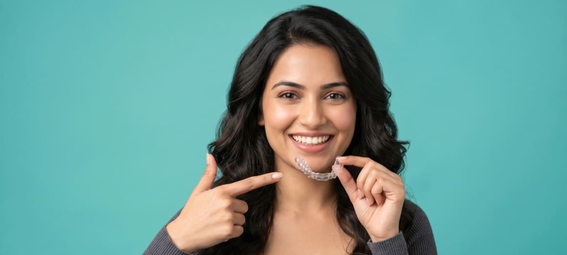Smiling woman clear aligners